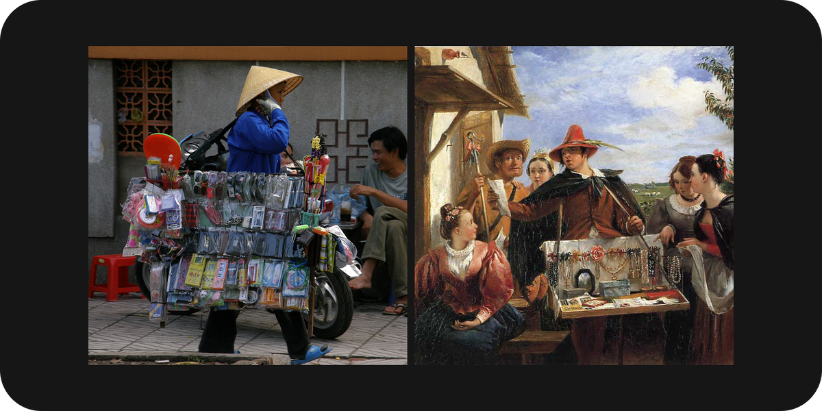 Слева современный уличный торговец в Китае, справа коробейник в Древней Руси