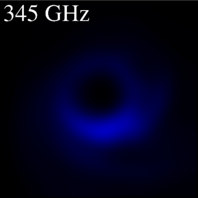 Фото: EHT, D. Pesce, A. Chael
Смоделированные изображения в разных длинах волн по-отдельности. Чем выше частота, тем четче становится изображение, показывая структуру, размер и форму, которые ранее были менее различимы