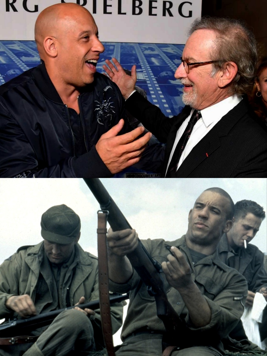 Со Спилбергом (вверху) и на съёмках "Спасти рядового Райана".