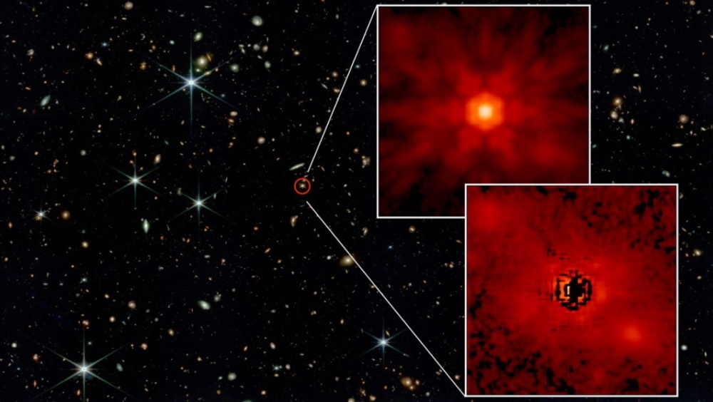    Фото: MIT/NASA, Изображение с «Джеймса Уэбба» показывает квазар J0148, обведенный красным. Вставки: сверху - центральная черная дыра, снизу — излучение от галактики