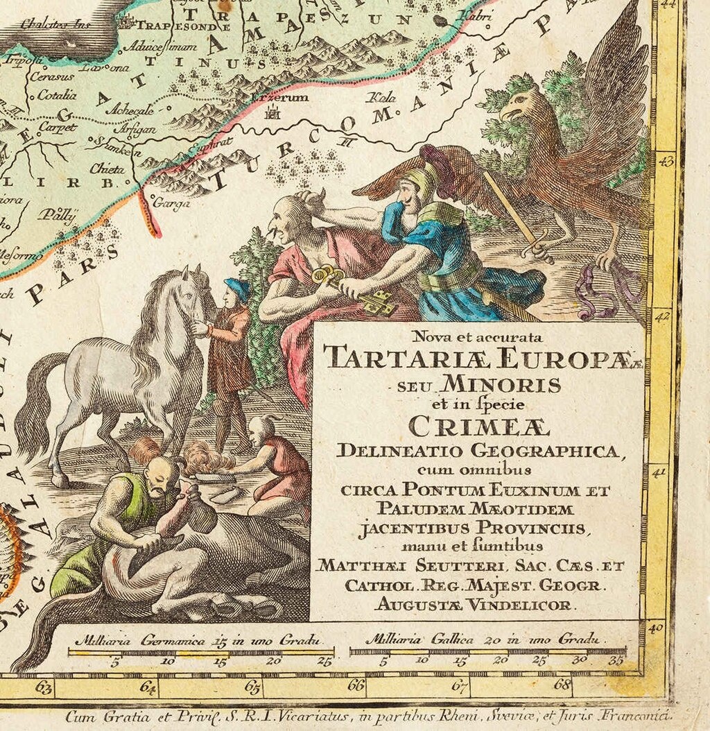 Образ жизни крымских татар на карте Крымского ханства 1740 года. Здесь и конина, и легенда про скифское золото, которое охраняют грифоны. И внезапно образцовый европеец пытается забрать ключи от этого золота у крымского татарина.