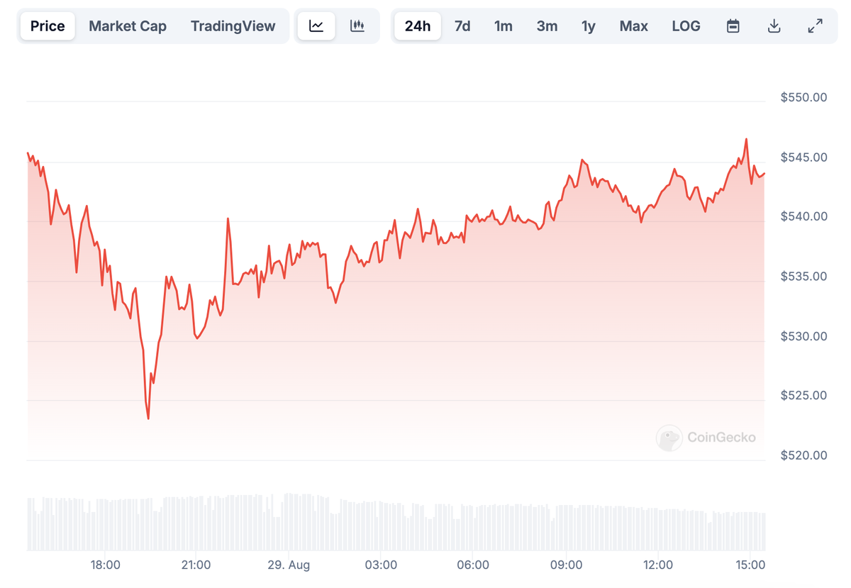    График стоимости BNB за последние 24 часа. Источник: CoinGecko Софья Одинцова