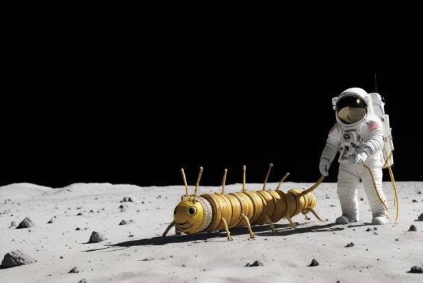 Кадр из фильма "Лунтик. Возвращение на Луну". Лунтик и его друг - гусеница-астронавт Нил - ищут легендарное место прилунения космического корабля