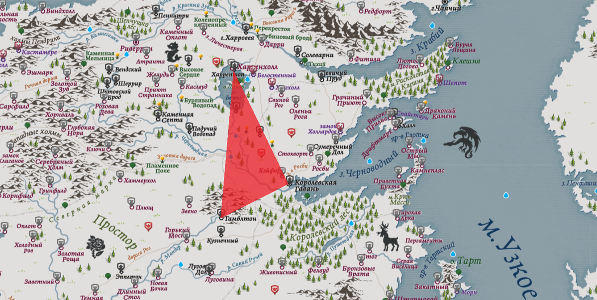 Карта Вестероса. Все основные события будут происходить вокруг красного треугольника.