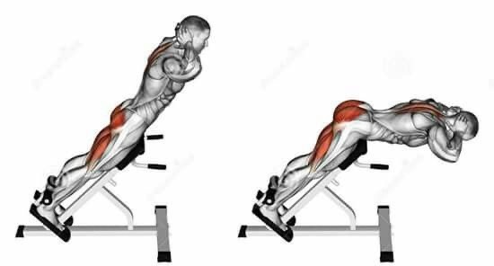 Упражнение «гиперэкстензия», выполняемое на тренажере под углом 45 градусов 