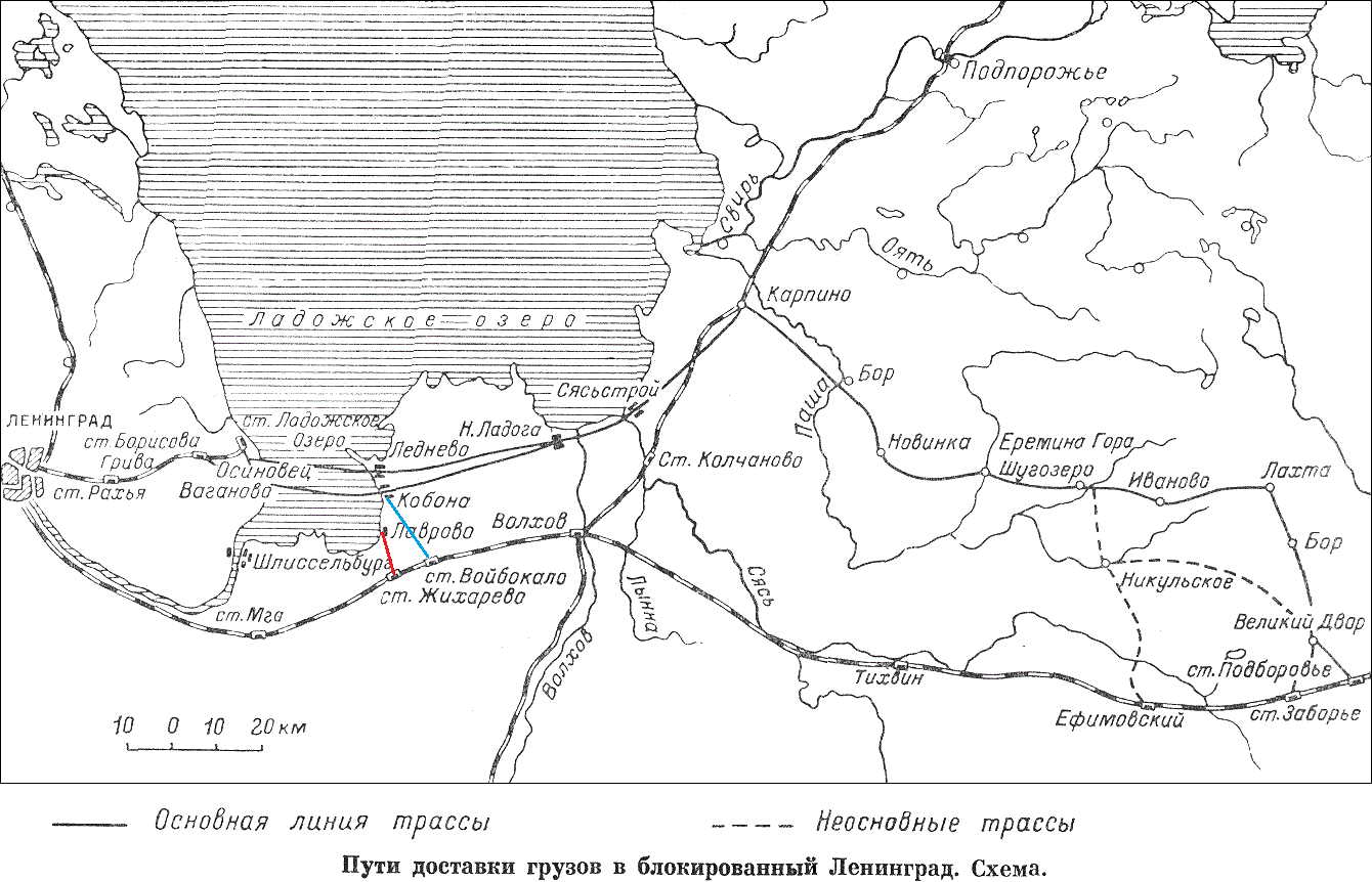 Грузы к озеру подвозили по автомобильной дороге со стороны Новой Ладоги, а с 1 января 1942 открылась железная дорога от Тихвина. На карте я дорисовал синим цветом первый автомобильный путь подвоза грузов от ж.д. к озеру, а красным цветом второй путь построенный рекордные сроки к 10 января 1942г.