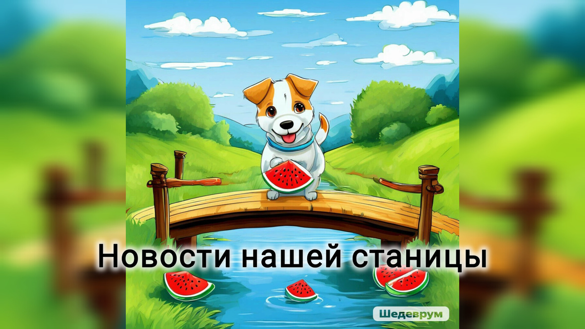 Тифлокомментарий. Обложка для статьи сгенерирована в Шедеврум. Зелёная трава, речка, через речку деревянный мостик. На мостике стоит радостная собака и держит кусок арбуза, ещё несколько кусков под мостиком