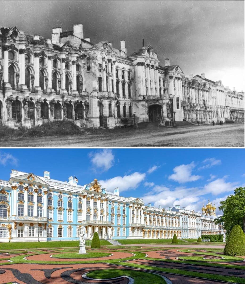 Екатерининский дворец после войны и сейчас. Иван Шагин/МАММ/МДФ/russiainphoto.ru; Legion media