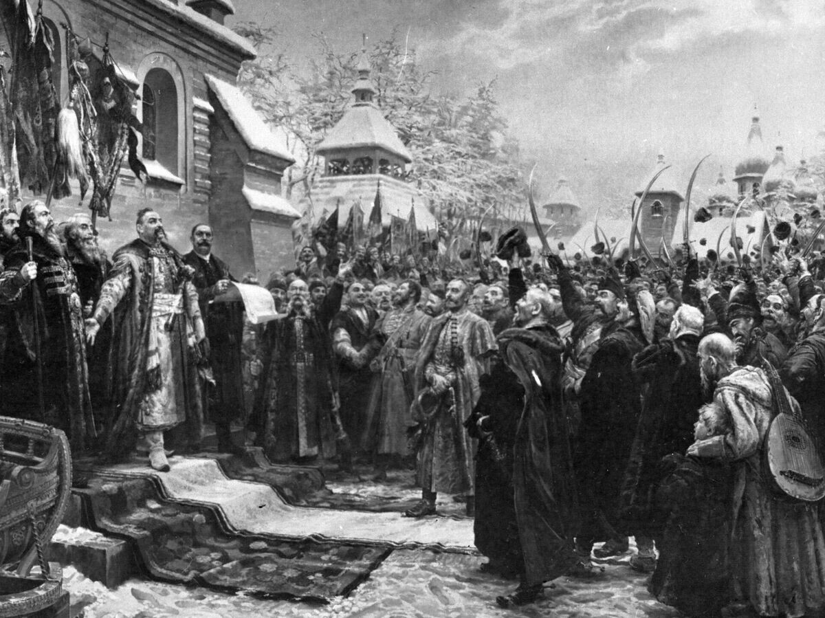    Репродукция картины народного художника УССР Михаила Хмелько "Навеки с Москвой, навеки с русским народом"© РИА Новости