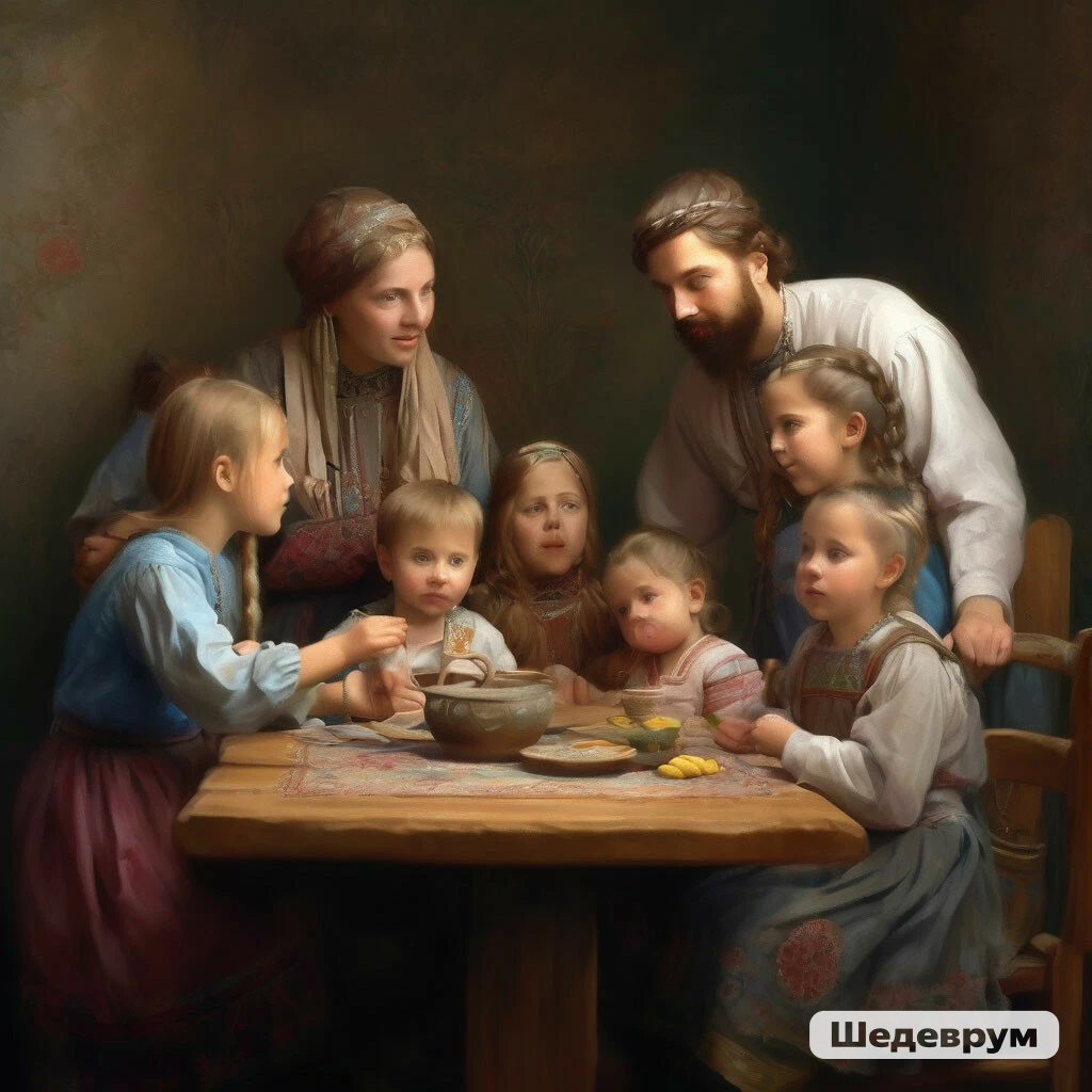 В ответ на мой запрос "славянская семья муж, жена и пятеро детей" Шедеврум выдал картинку к этой статье, где оба взрослых заботливо склонились над своим жующим обед потомством. С арифметика у ИИ тоже не все в порядке: детей, как видите, не пятеро. А по уму надо было нарисовать главу семьи во главе стола,  рядом жену,  склонившуюся над мужем и потомство сидящее за столом или ползающее под ним, облизывающее свои ложки.