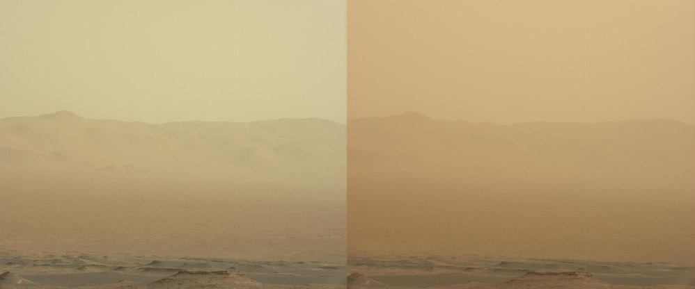 Марсианские пейзажи во время пылевой бури. Фотография слева снята 7 июня 2018 года, справа - 10 июня.
