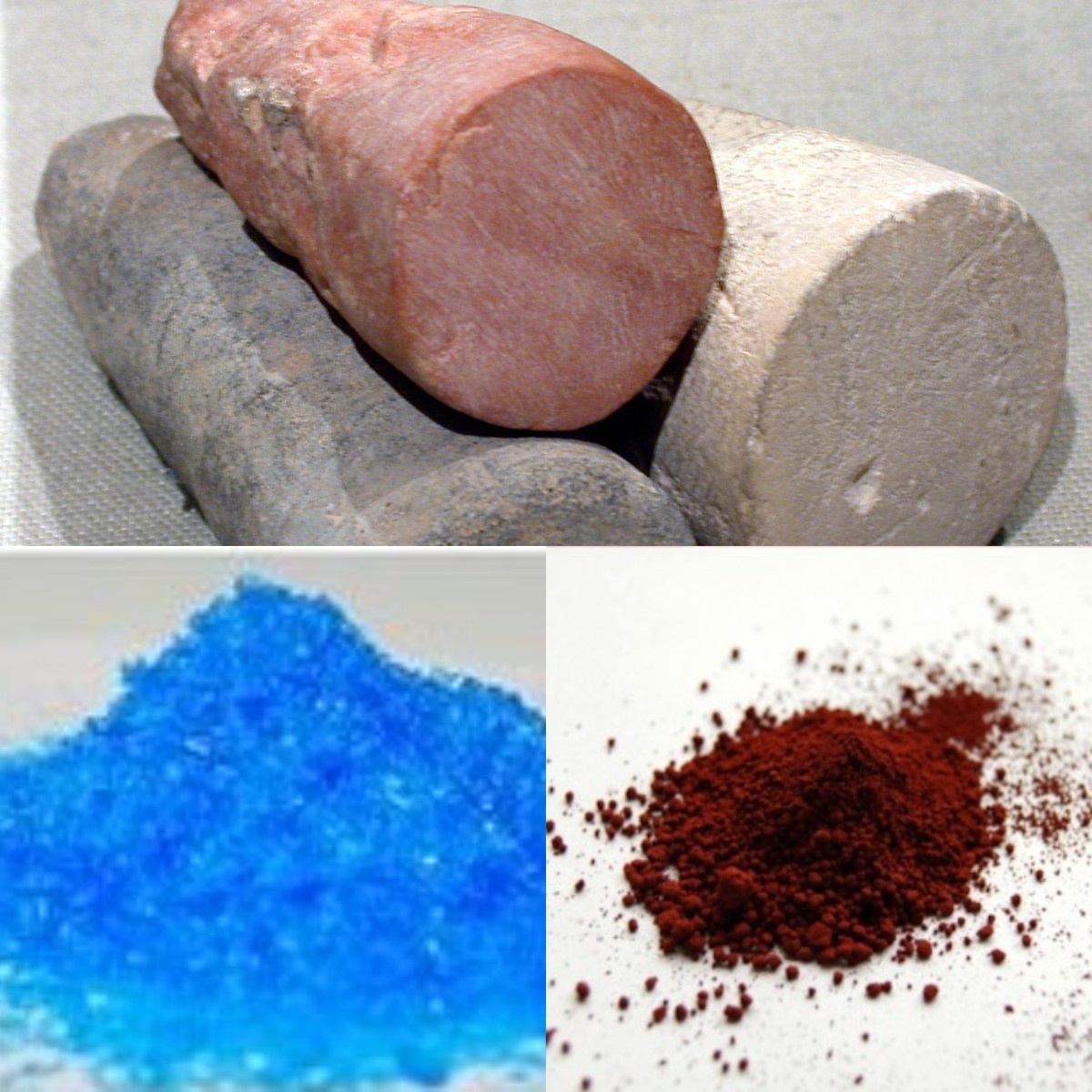 Наверху окрашенные глиняные колышки. Слева оксид меди, а справа оксид железа. 