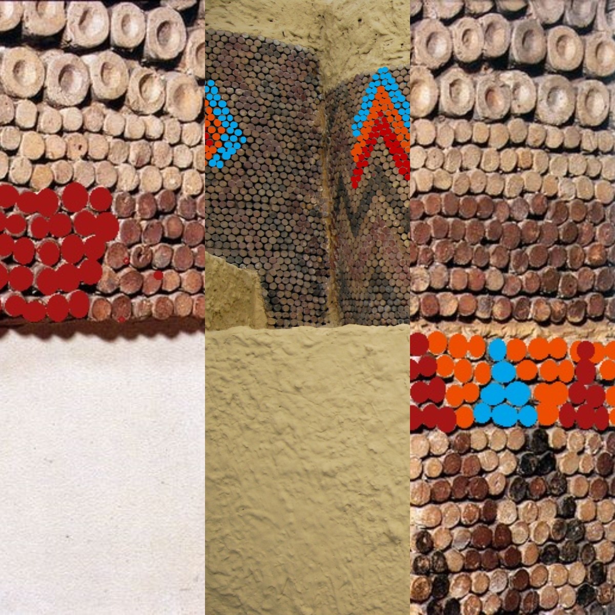 Мозаика в Уруке (я приблизительно раскрасила, чтоб показать, какие цвета окружали шумеров). И, главное, как хорошо сохранились через столько тысячелетий цвета колышков!