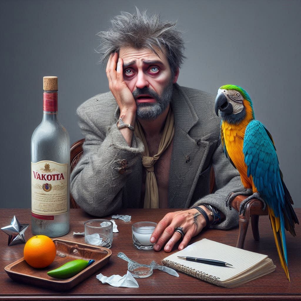 У Гоши был попугай по кличке Боб, и этот попугай был не просто умным, он был настоящим мастером сарказма и юмора. Всё бы ничего, но Гоша был известным в округе любителем приподнять градус настроения с помощью рюмки-другой, ну, а иногда и целой бутылки. Так вот, однажды Гоша вернулся домой после очередного "пятничного совещания" с друзьями, а Боб встретил его с таким видом, словно ждал этот момент целую вечность.Гоша, еле стоя на ногах, прошёл на кухню, чтобы налить себе, как он выразился, "контрольную", а Боб тем временем начал свой номер:— Эй, Гоша! — крикнул попугай с карнизов. — Ты где так поздно? В библиотеке, что ли?Гоша посмотрел на попугая и с трудом вспомнил, что в библиотеке он не был лет с детства.— Да ты чё, Боб? — пробормотал Гоша, разливая спиртное на пол. — Я… это… с мужиками… за науку, понимаешь?— За науку? — с сарказмом повторил Боб. — Слушай, а кто-то из ваших научных деятелей когда-нибудь видел трезвую субботу?Гоша засмеялся и, подумав, что Боб прав, налил ему немного воды. Боб наклонился, сделал глоток и тут же выплюнул его обратно.— А где моя водка, друг? Я что, зря тебя годами слушаю? — захохотал Боб, подпрыгивая на месте.Гоша, уже почти падая со стула, начал жаловаться попугаю:— Понимаешь, Боб, мне в жизни не везёт, а тут ты, такой умный, и все смеются…Боб тут же подхватил:— Не всем везёт с умом, Гоша, ты — живое доказательство!В этот момент Гоша решил, что хватит с него этих издёвок и пошёл спать, но Боб не унимался:— Ты, главное, не забудь, что завтра суббота, и не проспи встречу с книгами!Но наутро, когда Гоша проснулся с тяжёлой головой, Боб продолжил:— Как спалось? Вспомнил, где вчера был? О, точно, на чемпионате по вредной привычке!Гоша уже привык к такому утреннему юмору своего попугая и, потягивая воду (не вино!), сказал:— Боб, если бы ты пил, мы бы были лучшими друзьями!На что Боб ответил:— А кто сказал, что я не пью? Просто у меня нормы иные. Я-то всегда трезв и умён. Может, тебе тоже стоит попробовать?И тут Гоша, впервые в жизни, задумался: а не бросить ли ему пить? Но только в понедельник. Потому что ведь с таким другом скучно не будет!