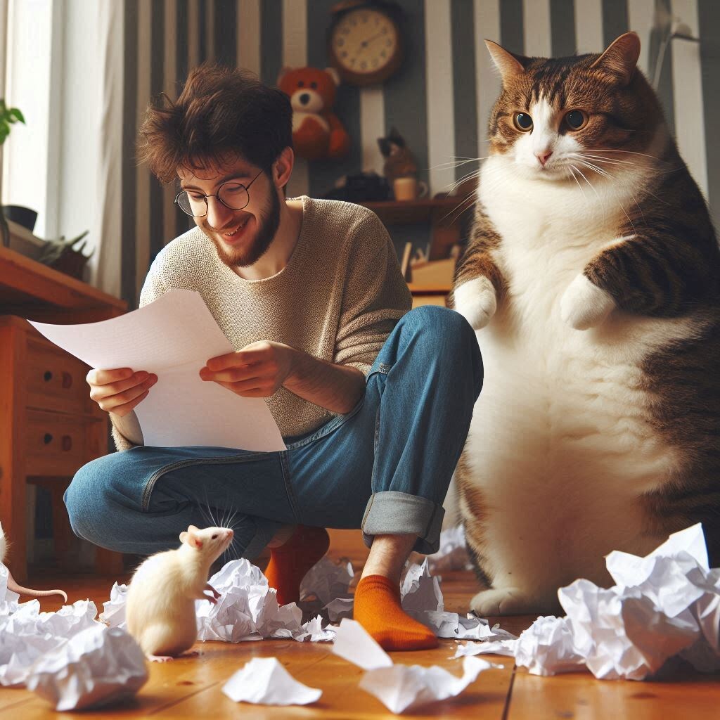 Жил-был одинокий мужчина по имени Акакий. Жизнь у него была, скажем так, спокойная, даже слишком спокойная. Для разнообразия он завёл себе двух питомцев: кота по имени Бармалей и крысу по имени Петруша. Акакий был уверен, что животные добавят в его жизнь немного радости и уюта. Но не тут-то было.

Сначала всё шло хорошо. Бармалей был ленивым котом, который только и делал, что валялся на диване, а Петруша, как и полагается крысе, шуршал в своей клетке. Но вскоре они, видимо, решили, что слишком долго играли роль приличных питомцев, и начали, как говорится, портить хозяину жизнь.

Бармалей вдруг вспомнил, что он не просто кот, а хищник, и стал устраивать ночные охоты на Петрушу. Конечно, до кровопролития не доходило, но каждый раз, когда Акакий просыпался от звука разбитых ваз и рухнувших полок, он обнаруживал, что кот с крысой гоняются друг за другом по всей квартире, как участники паркур-шоу.

А Петруша, как оказалось, был настоящим мастером саботажа. Он начал грызть всё, что попадалось ему на пути. Сначала это были мелочи: провода, носки, какие-то бумаги. Но однажды Петруша добрался до важного документа, который Акакий должен был на следующий день отнести на работу. И, конечно, к утру от него остались лишь клочки бумаги, а крыса сидела рядом с видом, словно ничего не произошло.

Акакий терпел это довольно долго. Он пытался наладить отношения с Бармалеем и Петрушей, но те, похоже, решили, что хозяин — просто фигура для развлечений. И вот однажды, когда кот сбросил очередной горшок с цветком, а крыса пожевала его любимую книгу, Акакий не выдержал.

Он схватил Бармалея за шкирку, а Петрушу за хвост и, открыв дверь, сказал:

— Всё, хватит! Вон из моего дома!

Кот и крыса вылетели на лестничную клетку, а Акакий, хлопнув дверью, вернулся в свою квартиру. Он был доволен — наконец-то в доме станет тихо и спокойно. Но это было лишь начало.

На следующее утро Акакий проснулся от странного звука, доносившегося с балкона. Открыв шторы, он увидел, как Бармалей и Петруша, объединив усилия, устроили настоящую осаду его квартиры. Бармалей, натренировавшись на домашних цветах, рылся в его мусорных пакетах, разбрасывая содержимое по всему балкону. А Петруша, залезая на перила, выглядел как настоящий крысиный командир, подсказывая коту, что нужно разгрызать и куда тянуть.

Но это было не всё. Когда Акакий вышел на улицу, он обнаружил, что его старенькая машина была тщательно «украшена» следами от когтей и зубов, а на капоте, словно это был трон, восседал Бармалей, демонстративно умываясь. Петруша же гордо расхаживал рядом, будто бы контролируя, чтобы работа была выполнена качественно.

Акакий понял, что его попытка избавиться от питомцев обернулась полным провалом. Он вернулся домой, где нашёл на пороге миску с едой, которую оставил для кота и крысы. Они, видимо, решили, что раз уж их выгнали, то хотя бы за ужин хозяин заплатит.

Подумав, Акакий открыл дверь, посмотрел на Бармалея и Петрушу и, вздохнув, сказал:

— Ладно, ребята, сдаюсь. Вернётесь домой — я вам рыбку куплю.

Кот и крыса, как ни в чём не бывало, вошли обратно, как настоящие победители. С тех пор в доме снова установился порядок, но только по их правилам. Акакий научился с этим жить, и теперь каждый раз, когда Бармалей или Петруша снова начинали своё шоу, он лишь смеялся и говорил:

— Ну что, кто тут у нас настоящий хозяин? Неужели опять не я?

