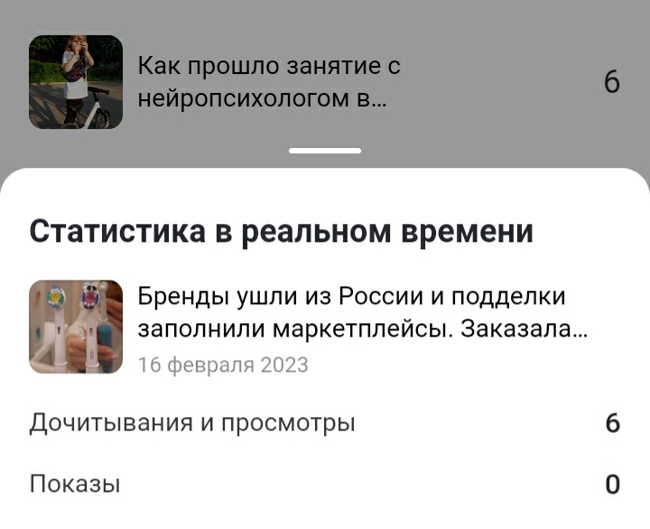 Про нейропсихолога и про покупки. По 6 прочтений за 48 часов. Вижу их изо дня в день в своей статистике, несмотря на то, что материалам уже больше года. Скрин моей статистики 