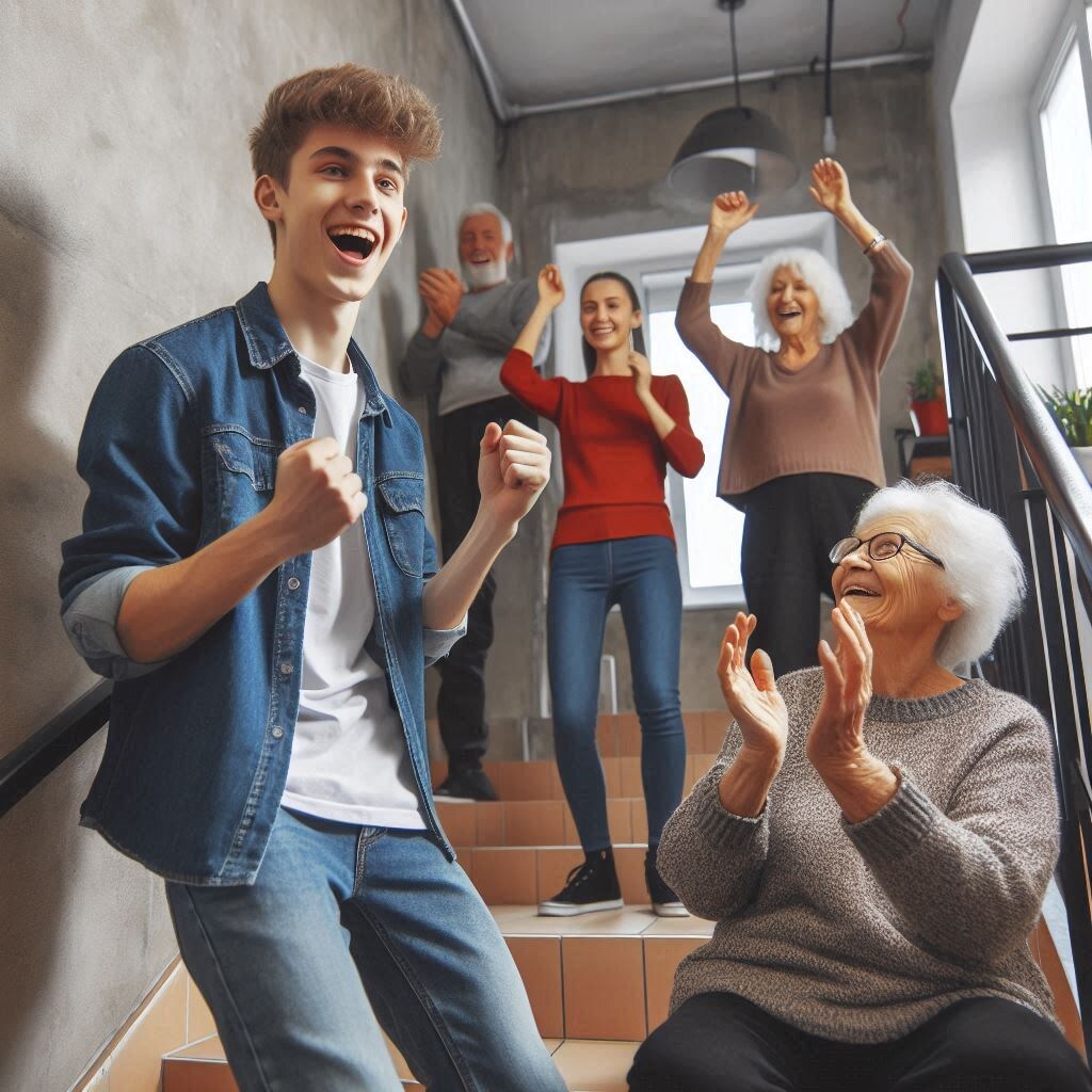 Жила-была в одном обычном подъезде женщина по имени Галя. Она была дамой весёлой, но особенно веселилась она ночами, когда, возвращаясь домой после встречи с друзьями, начинала устраивать настоящие концерты прямо в подъезде. Вот так, в два часа ночи, её разудалый голос мог разбудить весь дом: песни, пляски и обязательное пение караоке в подъездной акустике. Никто не мог остановить Галю, и соседи уже отчаялись что-либо с этим сделать.

Но в этом доме жил ещё один сосед — мальчик по имени Вова. Вова был умным и находчивым парнишкой, и, в отличие от взрослых, у него была идея, как исправить ситуацию. Но решил он действовать не напрямую, а с хитрецой, по-стендап-комедийски.

Однажды ночью, когда Галя снова начала свой концерт, Вова тихонько вышел в подъезд, притащив с собой большой старый магнитофон и микрофон. Встав рядом с Галей, которая уже во всю исполняла «Катюшу», он вдруг громко объявил:

— Дамы и господа! Добро пожаловать на самое ожидаемое событие года — шоу «Галина Подъездная Звезда»! Сегодня у нас эксклюзивное выступление, и начнём мы с классического хита!

Галя на секунду замолчала, ошарашенная внезапным появлением такого маленького и смелого «организатора», но тут же продолжила петь. Вова начал усиленно хлопать в ладоши и звать других соседей:

— Не пропустите! Только сегодня! Живой концерт прямо у вас под окнами! Уникальный шанс услышать Галю без всяких билетов!

Соседи, сонные и раздражённые, начали выглядывать из дверей. Но вместо того, чтобы ругаться, они присоединились к Вове и начали аплодировать, выкрикивая просьбы о «бисе». Галя была в восторге от такой реакции и начала петь ещё громче, переходя от одной песни к другой.

Но Вова не собирался останавливаться. Он каждый раз после исполнения очередной песни подходил к Гале и как настоящий ведущий спрашивал:

— Галя, это была потрясающая песня! Но что вы скажете о том, чтобы исполнить следующий хит в три часа ночи? Может, вы покажете что-то из оперы?

Соседи начали смеяться и хлопать ещё громче. Вскоре к ним присоединились даже те, кто обычно засыпал раньше всех. Вова же не останавливался:

— И не забываем! После каждой песни мы даём оценку! Кто за громкость десять баллов, а кто за «я в своей кровати» двенадцать?

Галя, наконец, начала понимать, что что-то идёт не так. Она стала немного стесняться, глядя на смешливых соседей и их аплодисменты. Её репертуар начал скромнеть, а громкость уменьшаться. Через некоторое время она вовсе замолчала и, улыбаясь, махнула рукой:

— Ну вы даёте, народ! Ладно, пойду я, пожалуй, домой…

С тех пор Галя больше не устраивала концертов в подъезде. Вова стал местным героем, ведь его «шоу» оказалось действенным и весёлым способом вернуть тишину в дом. Теперь, если Галя вдруг собиралась затянуть песню, она всегда вспоминала, как её «поддержала» вся лестничная клетка, и решала лучше спеть себе в ванной, да потише.

