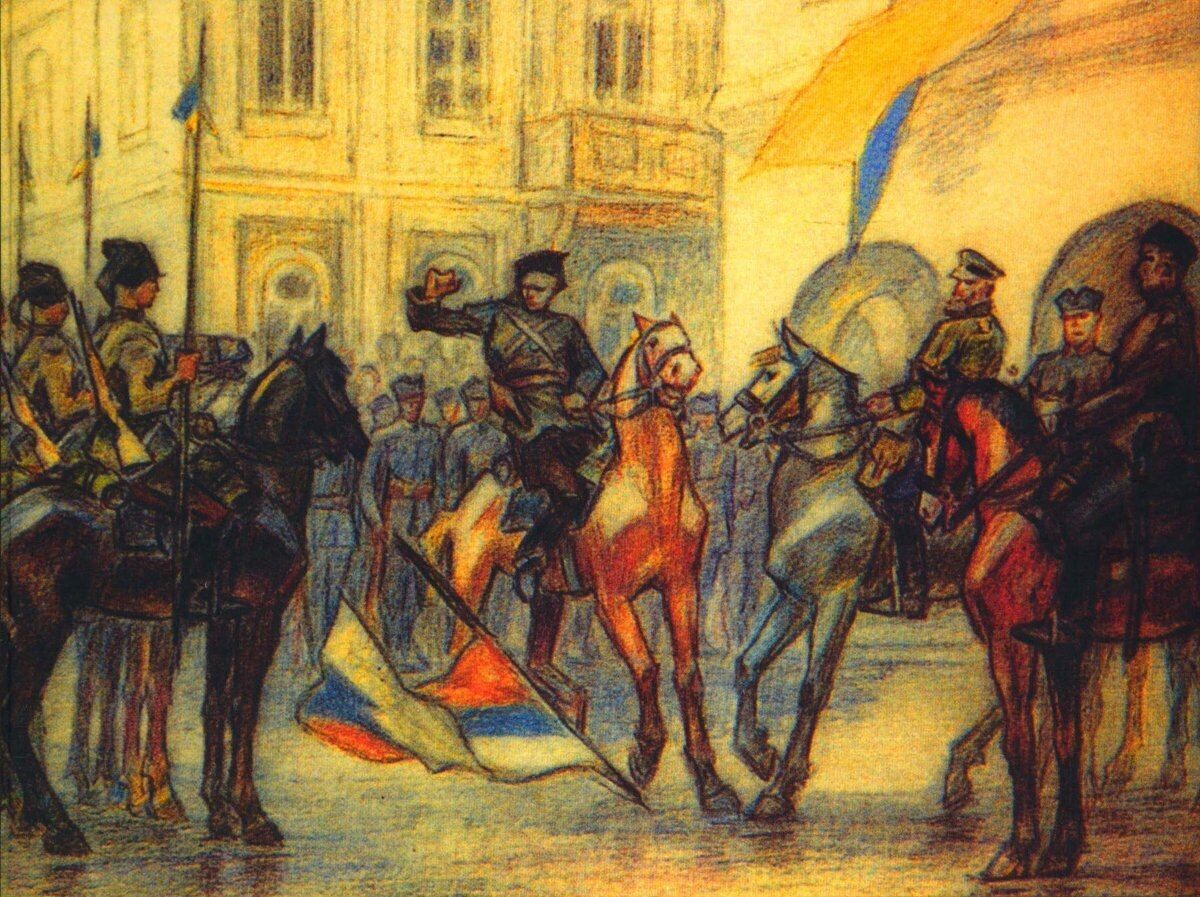    Леонид Перфецкий. Черношлычники сбрасывают с киевской городской Думы российский флаг, 31 августа 1919 года