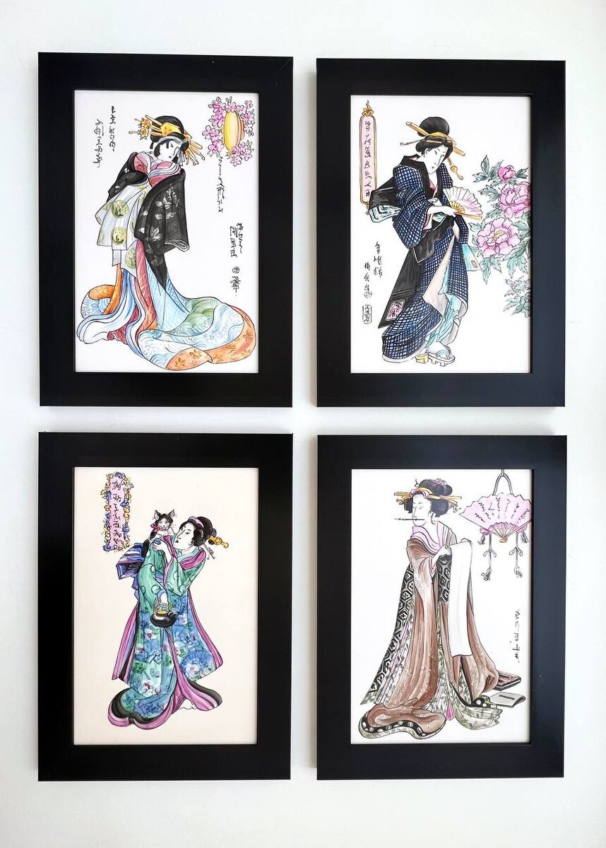 Четыре панно на плитке 20х30 см, оформленные в багет. По мотивам японских гравюр