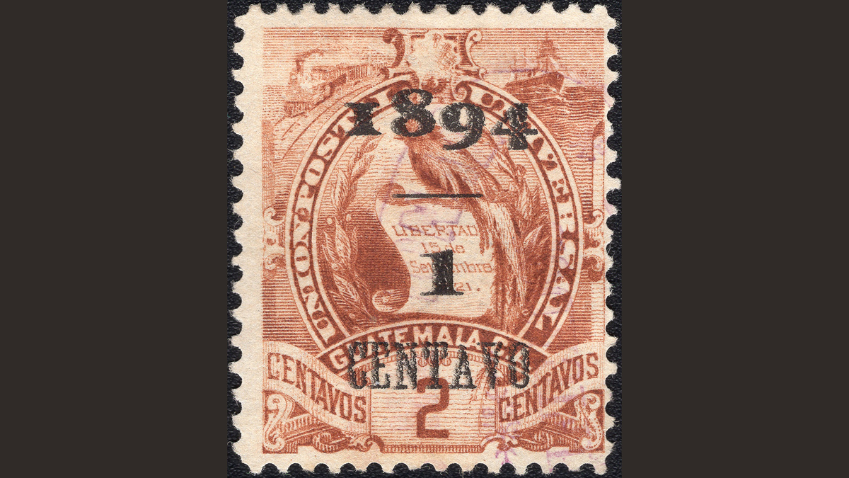 1. Гватемала, 1894 год, № 50, гашеная марка. Государственный герб.