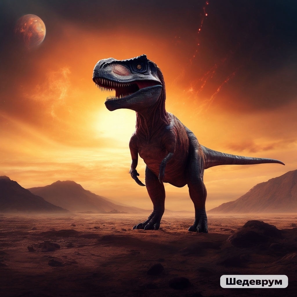 Запрос «Загадочный динозавр стоит у начала времён космической жизни на фоне взрывающегося Марса»