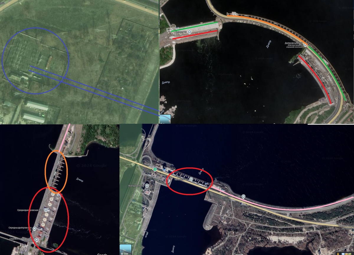 Слева вверху – ОРУ 110 кВ Киевской ГЭС, оно же ПС 110/6 кВ Вышгород (обведена) с шинными мостами 110 кВ (синии линии). Справа вверху – ДнепроГЭС: красные линии – машзалы, зеленые – рабочая часть водопропускной плотины, рыжая – водосбросная. Слева внизу плотина с водопропускной (красным обведена рабочая часть с машзалом, рыжим – водосбросная) и глухой (розовая линия) частями, Среднеднепровская ГЭС. Справа внизу – Киевская ГЭС: красным обведена водопропускная плотина, розовая линия – дамба.
