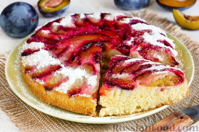 слива, мука, сахар, яйца, масло сливочное, разрыхлитель