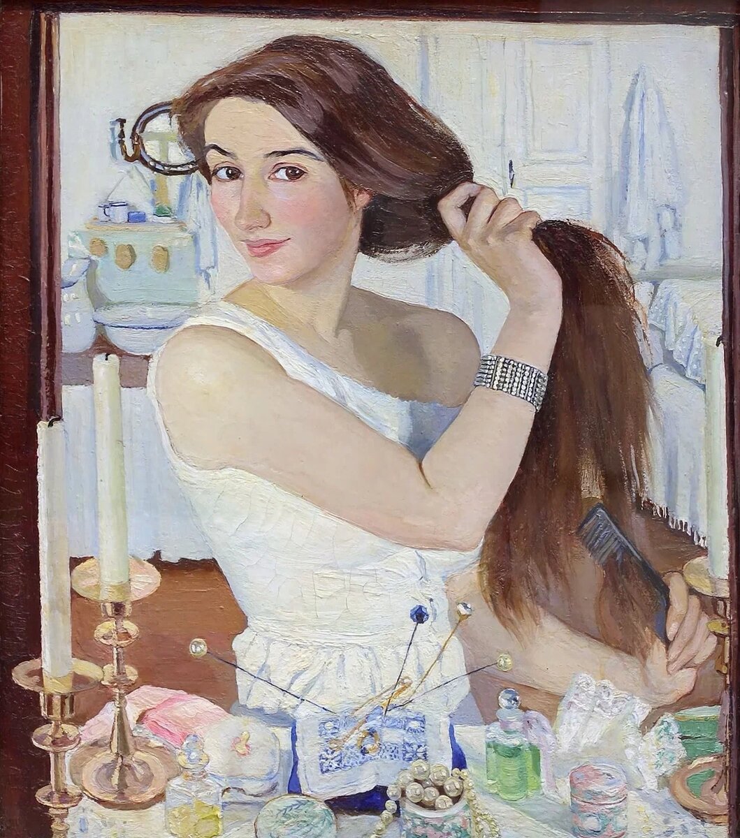 З. Е. Серебрякова. За туалетом. Автопортрет. 1909. Государственная Третьяковская галерея. Источник: https://ru.wikipedia.org/wiki/За_туалетом._Автопортрет