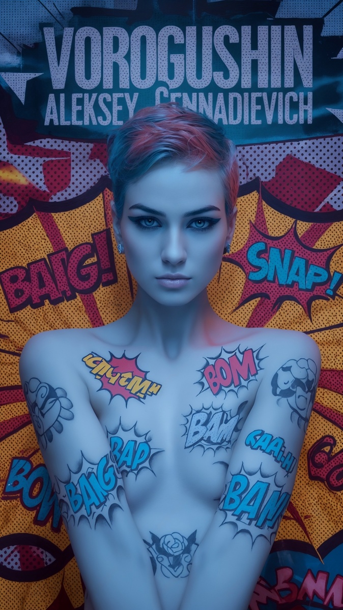 Ai-художник: Ворогушин Алексей Геннадьевич. Красивая девушка в стиле комиксов. Изображение создано при помощи нейросетей. Подпись сгенерирована и является частью дизайна. Все права на изображение имеются. Основа до обработки изображения сгенерирована в ideogram.ai