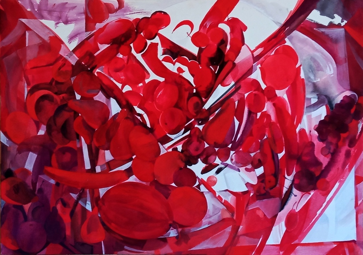 Сергей Галета. Красный калейдоскоп. Бумага. акварель, белила. 50х70 см. 2021 г