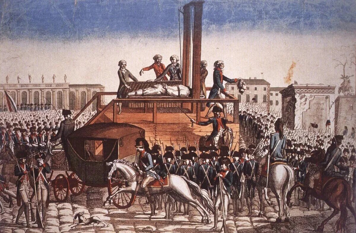 Гравюра неизвестного художника 1793. Людовик XVI на гильотине.