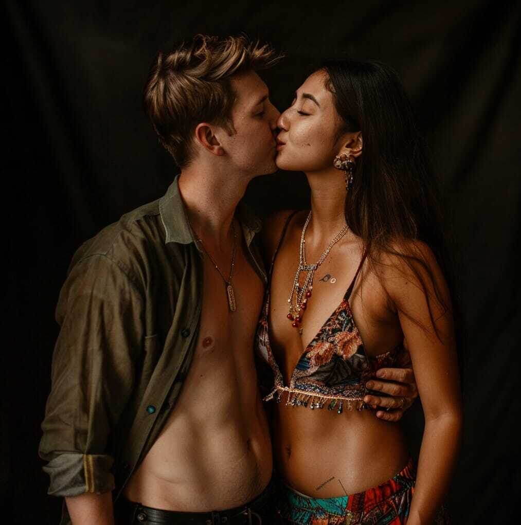 С первого томного поцелуя начинается каждая история с разбитым  мужским сердцем. Фото ИИ от @midjourney. 