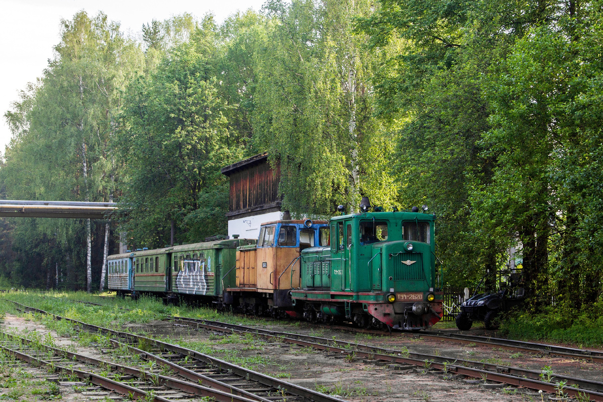 Тепловозы ТУ4-2620 и ТУ6А-2172 с "сдвоенным"пассажирским поездом на станции Центральный Поселок. Пищальское ТПР - подразделение "ВяткаТорф". Июнь 2024 года