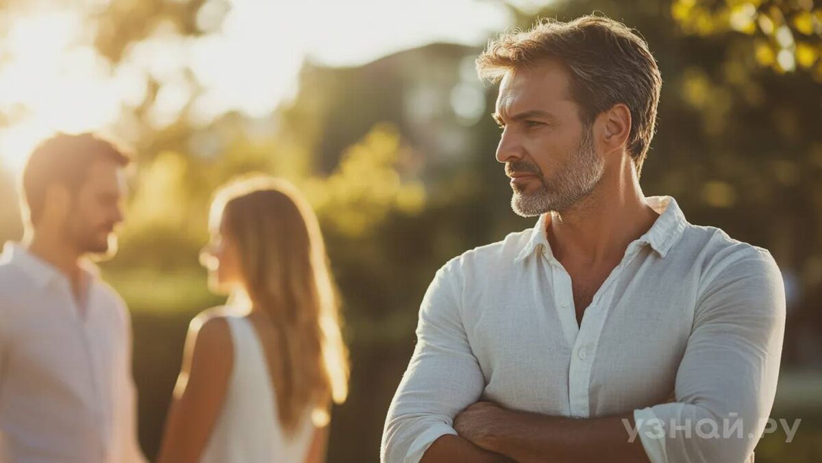     Мужчина недовольно смотрит на влюбленную пару © Фото: uznay.ru