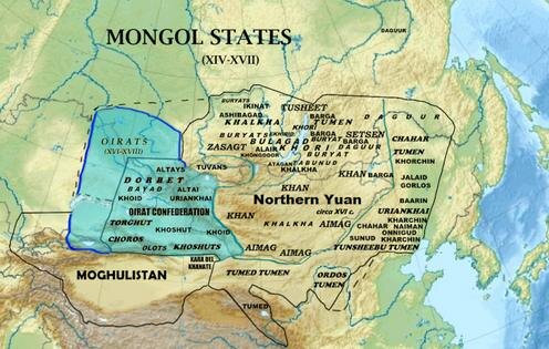 Локация ойратских племен в XIV веке. Карта wikipedia.org