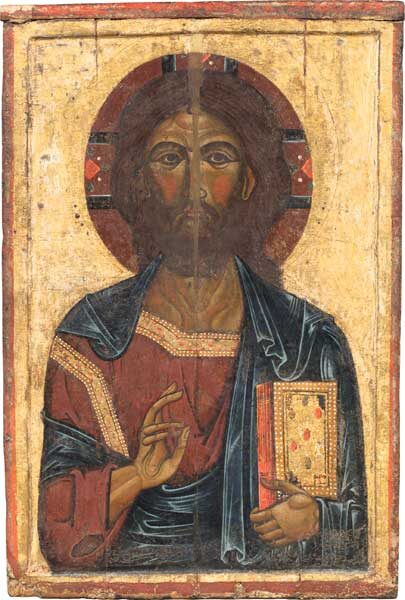 ГОСПОДЬ ВСЕДЕРЖИТЕЛЬ. Первая половина XIII века. Ростов (?) Дерево, темпера. 123 × 83 см. Дар В.Я. Ситникова. Собрание Музея имени Андрея Рублева