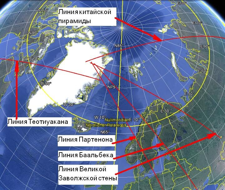 А теперь общий вид из космоса на все эти объекты и их ориентацию. Касные линии — это линии, по которым ориентированны соответствующие постройки. 