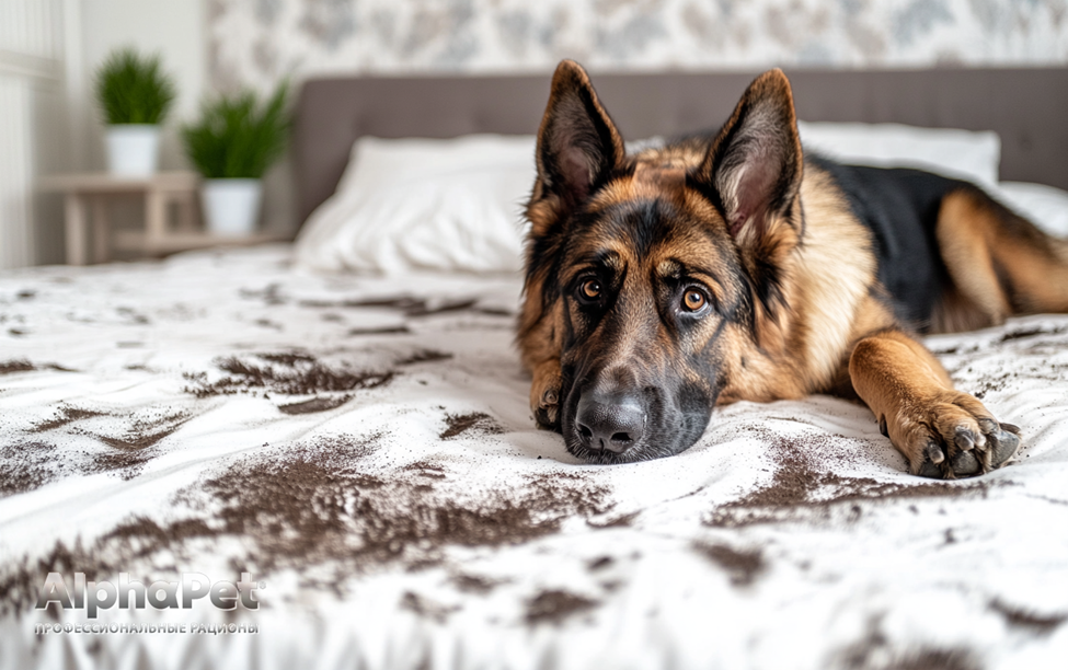 Гигиена: Грязные лапы в постели / Изображение: AlphaPet