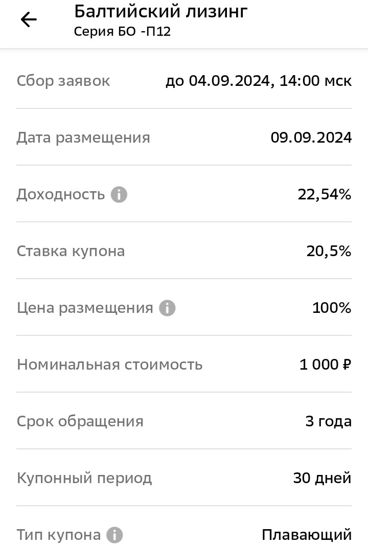 Информация о размещении облигаций Балтийский лизинг БО-П12 из приложения СберИнвестиции. Дата: 02.09.2024