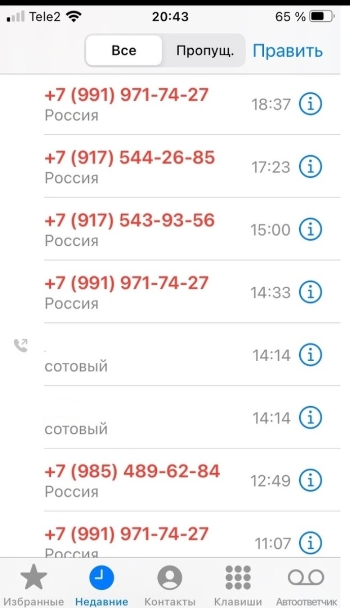 Небольшой фрагмент звонков за день