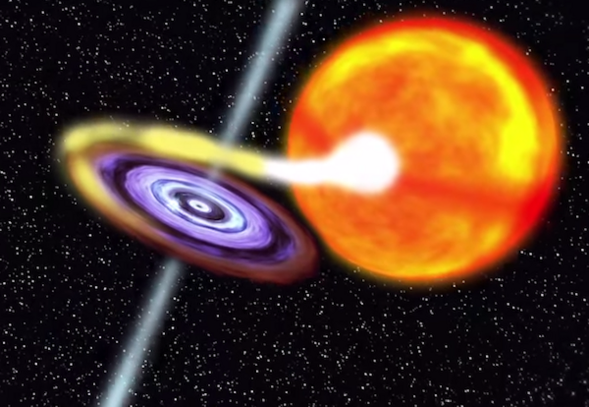 Иллюстрация: материя с поверхности красного гиганта перетекает на белый карлик.