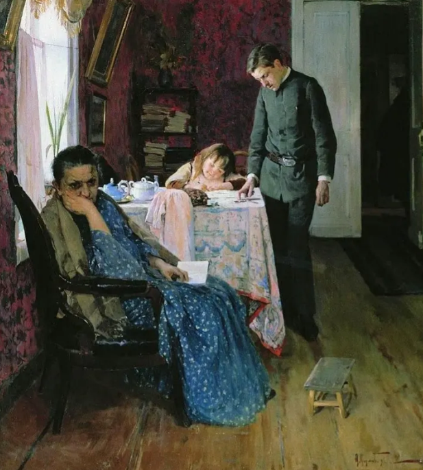 Алексей Михайлович Корин, Опять провалился, 1891, 58×52 см, холст, масло, Калужский музей изобразительных искусств, Калуга. 
Предположительно, данная картина является прототипом работы Решетникова 