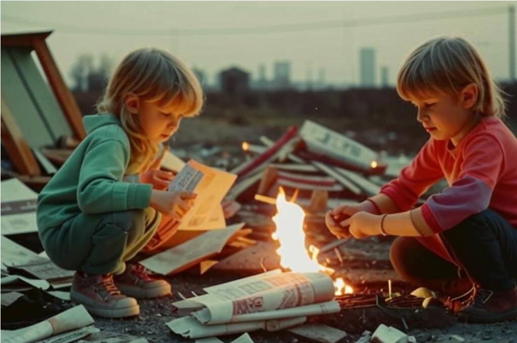 дети жгут костер из газет