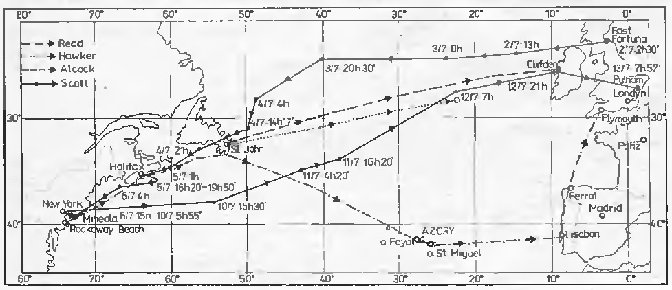 карта наиболее успешных перелетов Атлантического океана, совершенных вскоре после окончания Первой Мировой войны, в том виде, в котором она была представлена прессой того времени. Рисунок из коллекции автора