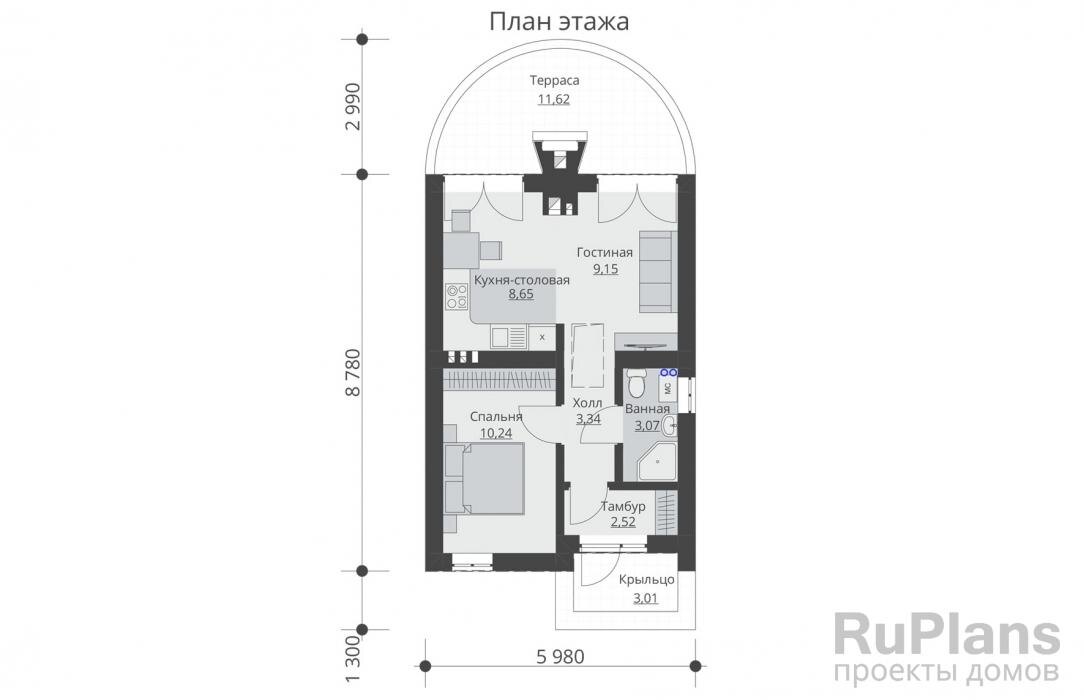 Тамбур - 2,52 м2 Холл - 3,34 м2 Спальня - 10,24 м2 Кухня-столовая - 8,65 м2 Гостиная - 9,15 м2 Ванная - 3,07 м2