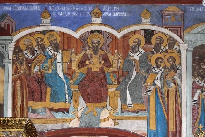II Вселенский собор. Фреска Воскресенского собора в Тутаеве. 
На Соборе был введен Никео-Цареградский Символ веры (381 г.), утвержденный на IV Вселенском Соборе (451 г.).