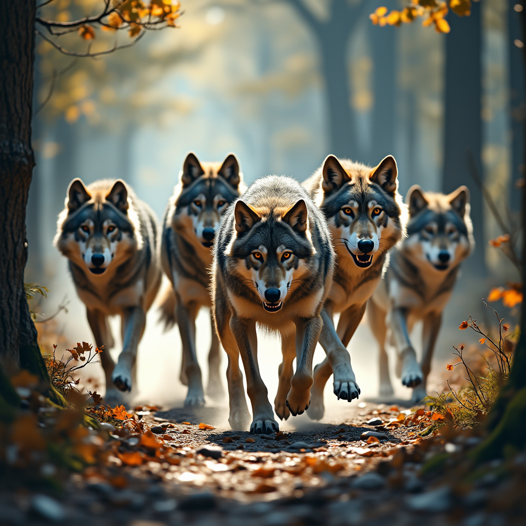 Стая волков во время охоты.