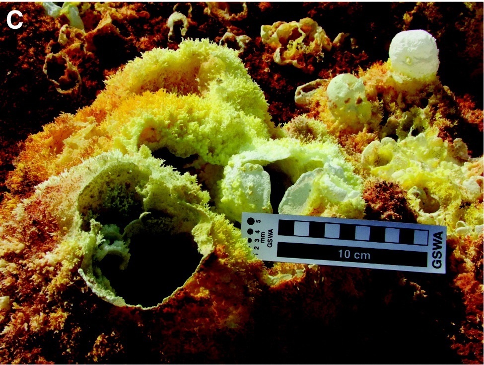 Белые ободки галитовых солей, растущие вокруг газоотводящих отверстий.