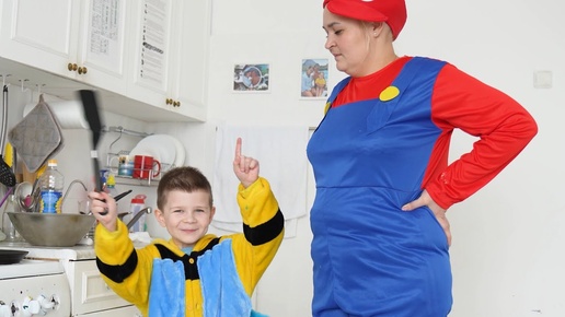 Mom and child compete in the kitchen preparing delicious food