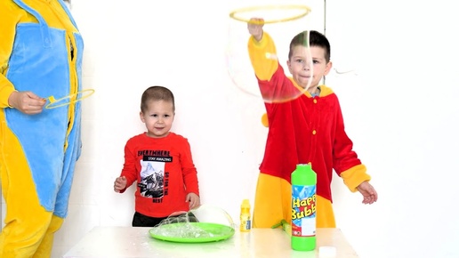 A child and his mother are having a battle of soap bubbles